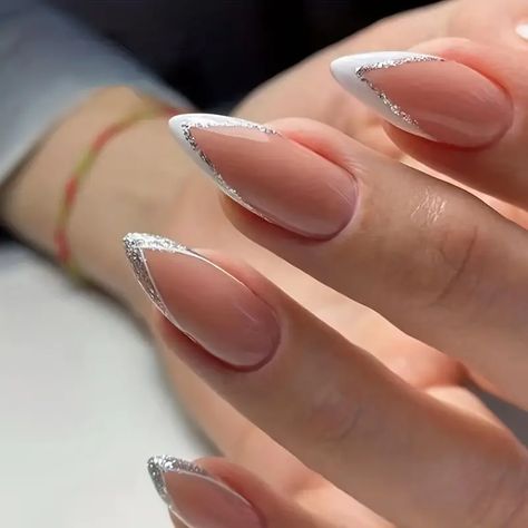 Fake Press On Nails, Matte White Nails, White Almond Nails, Glitter Tip Nails, Silver Glitter Nails, Light Pink Nails, White Glitter Nails, White French Tip, Nail Shimmer