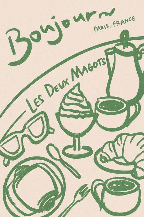 Vintage Cafe Illustration, Paris Poster Design, French Style Graphic Design, Coffee Hand Drawn, French Poster Design, French Illustration Art, French Cafe Illustration, French Drawings Simple, French Cafe Branding