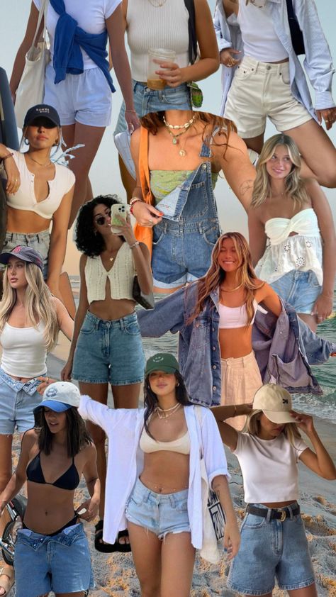 Collage of summer casual beach outfits inspired by the california girl aesthetic. Casual Outfit Aesthetic, Beach Girl Outfits, Cute Beach Outfits, Travel California, Beachy Outfits, California Outfits, Spring Denim, Love S, California Girl