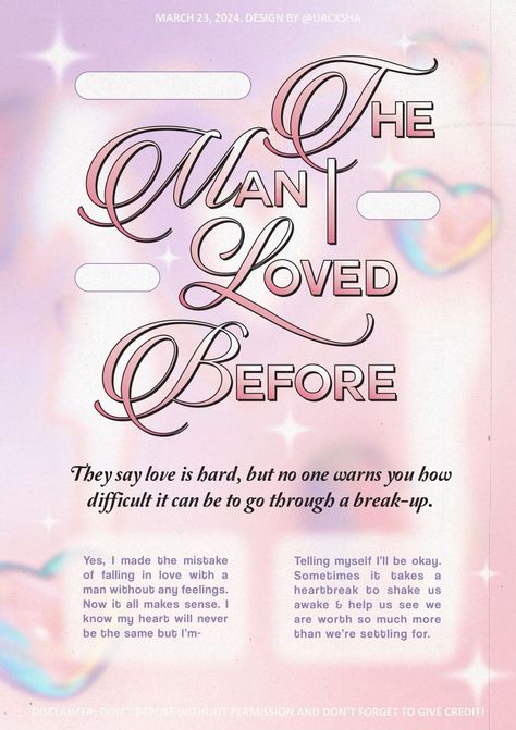 The Man I Loved Before in the style of Y2K, designed by Typographic Poster Design Layout, Y2k Poster Design, Y2k Poster, Y2k Edit, Y2k Posters, Pastel Design, Y2k Design, Word Fonts, Typography Love