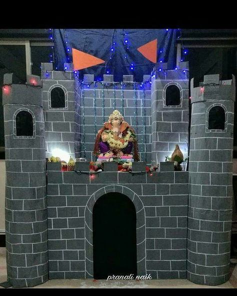 Ganpati Decoration Fort Theme, Fort Decoration For Ganpati, Selfie Point, Flower Decoration For Ganpati, Eco Friendly Ganpati Decoration, Ganesh Decoration, Cardboard Crafts Decoration, Thermocol Craft, Eco Friendly Ganesha