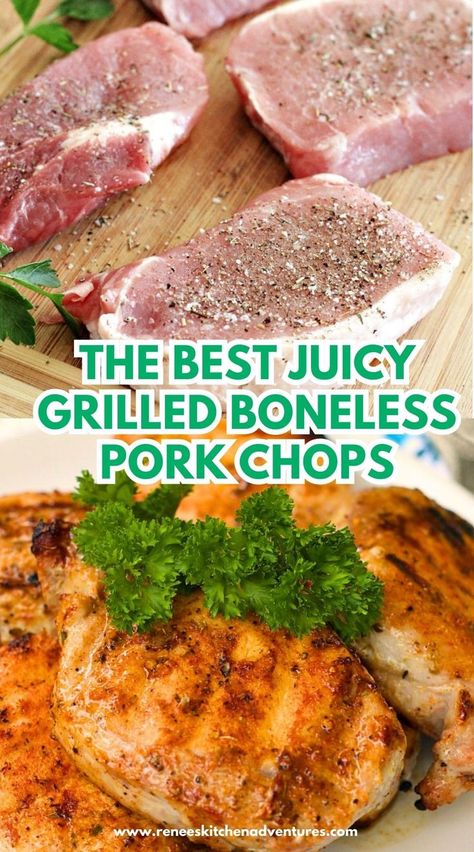 Image collage of boneless pork chops with seasoning and grilled and ready to eat Recipe For Summer, Boneless Pork Chops, Boneless Pork, Pork Chop, Seasoning Blend, Grilled Pork, The Grill, Pork Chops, Grilling