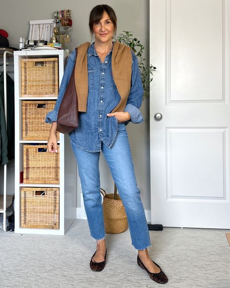 Leopard Ballet Flats, Western Denim Shirt, Trendy Fashion Tops, Double Denim, Trendy Style, Brown Sweater, Ballet Flat Shoes, Fall 2024, Fashion Tops