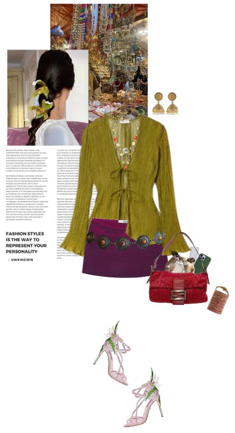 Desi Carrie Bradshaw - Maximalist SATC inspired outfit ideas | #fenhongmeiguishoplook
Olive bright green longsleeve blouse, plum mini skirt, dolce&gabbana flower heels with orchid/ lily on the back, fendi baguette in purple red, iPhone, indian bangles, jhumka earrings, colourful glass pearl gold and diamond necklace

#desicarriebradshaw #maximaliststyle #sactinspired #olivegreenblouse #plumminiskirt #dolceandgabbanaheels #fendibaguette #indianfashion #banglesandjhumkas #colorfulnecklace #fashionista #stylishlook #chicstyle #designerinspired #streetstyle #vibrantcolors #ethnicfashion #fashioninspo #statementpieces Red Skirt Outfit Indian, Red Skirt Outfits, Pearl Outfit, Maximalist Outfits, Silk Skirt Outfit, Gold And Diamond Necklace, Olive Green Blouse, Flower Heels, Maximalist Style