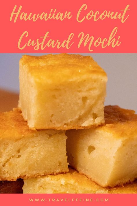 Need an easy dessert for your next get together? Look no further! This Hawaiian coconut custard mochi is sure to be a hit and it's easy to make too! Make ahead of time and take a little stress off your next celebration. Hawaiian coconut mochi is a sweet and chewy treat. #desserts #treats #hawaiianrecipes #mochi #recipe #glutenfree Polynesian Dessert Recipes, Coconut Mochi Recipe, Hawaiian Desserts Authentic, Hawaii Desserts Easy Recipes, Hawaiian Deserts Hawaii Dessert Recipes, Hawaiian Butter Mochi Recipe, Custard Butter Mochi, Custard Mochi Recipe, Hawaiian Recipes Authentic