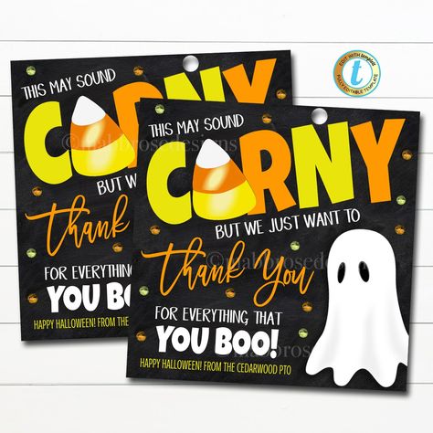 Halloween Candy Corn Gift Tags - this may sound corny but we just wanted to say thank you for all you BOO! These spooktacular halloween thank you appreciation gift tags are great to use for appreciation and thank you gift-giving for anyone in your life! Great for teachers, staff, employees, volunteers, coaches, coworke Associate Appreciation, Work Morale, Basket Themes, Work Appreciation, Appreciation Gifts Diy, Candy Grams, Teacher Appreciation Gifts Diy, Appreciation Ideas, Preschool Gifts