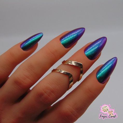 Chrome Nails Blue Purple, Blue And Green Chrome Nails, Purple Blue Chrome Nails, Multi Chrome Nails, Purple And Turquoise Nails, Purple And Teal Nails, Grad Nails, Purple Chrome Nails, Almond Acrylic Nails Designs