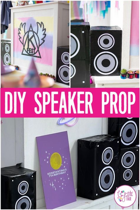 Diy Disco Decorations Party Ideas, 90s Party Props, 80s Party Props, 90s Hip Hop Party Decorations Diy, Diy 90s Backdrop, 80s Props Diy, 80s Boombox Diy, Decades Party Decorations Diy, Diy Karaoke Stage