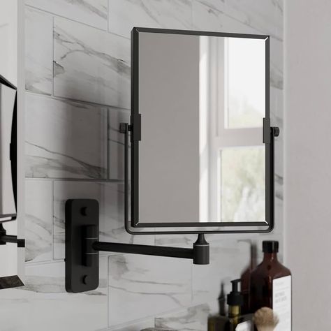 Bathroom Mirror On Arm, Extendable Bathroom Mirror, Shaving Mirror Wall Mounted, Shaving Mirror Bathroom, Bathroom Vanity Mirror Ideas, Black Bathroom Mirror, Small Bathroom Mirrors, Black Shower Doors, Mirrors Uk