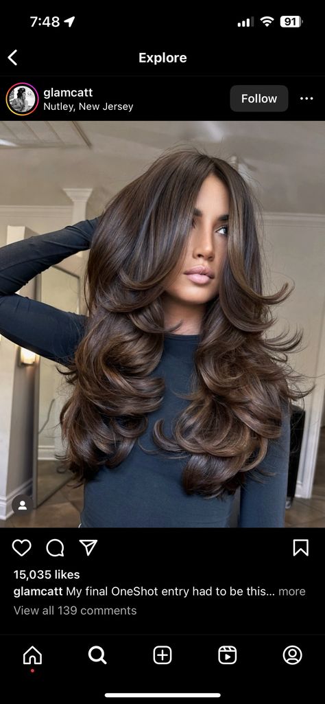 Brown Bouncy Hair, Burnette Hair, Volume Haircut, Dark Brown Hair Balayage, Hair Colouring, Butterfly Cut, Dream Jobs, Bouncy Hair, Hair Things