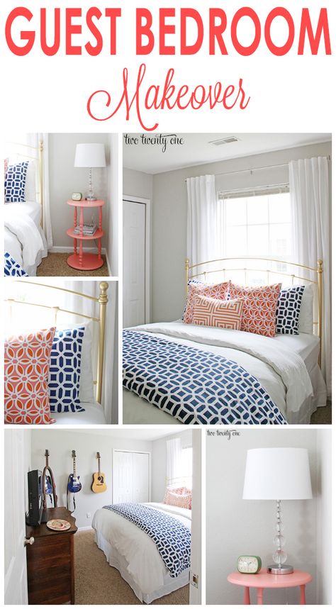 Coral and navy guest bedroom makeover! Guest Bedroom Colorful, Navy Guest Bedroom, Pretty Bed, Navy Drapes, Navy Bedroom, Bed Placement, Coral Bedroom, Navy Blue Bedrooms, Navy Bedding