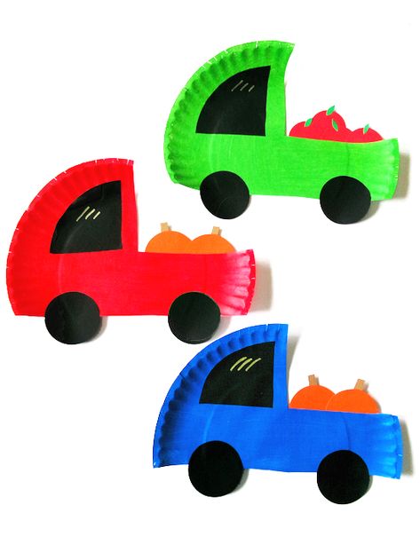 Paper Plate Fall Truck Craft Campfire Crafts For Preschoolers, Art Craft Transportation, Art Transportation Preschool, Paper Plate Car Craft, Fall Truck Craft, Little Blue Truck Crafts For Toddlers, Kids Transportation Crafts, Paper Plate Arts And Crafts, Craft Transportation For Kids