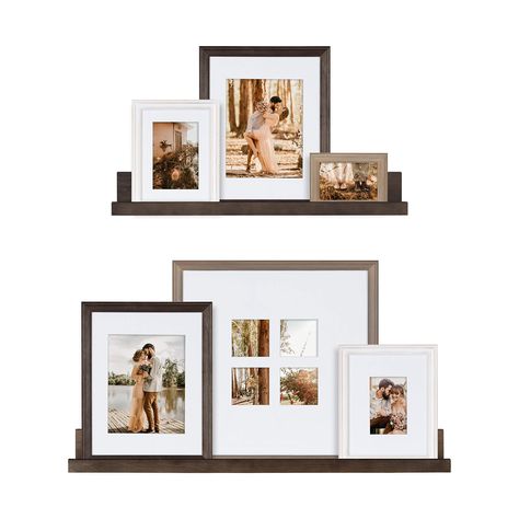 Shelves With Frames, Farmhouse Gallery Wall, Photo Ledge, Photo Shelf, Grey Picture Frames, Large Shelves, Picture Frame Sets, Gallery Wall Frames, Creative Wall