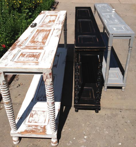 Upcycled console tables made from salvaged doors #JunkChic5280 Old Door Entry Table, Side Table From Old Door, Repurposed Wooden Doors, Furniture Made From Old Doors, Vintage Doors Repurposed Garden, Upcycled Doors Ideas, Upcycle Cabinet Doors, Tables Made From Old Doors, Antique Doors Repurposed