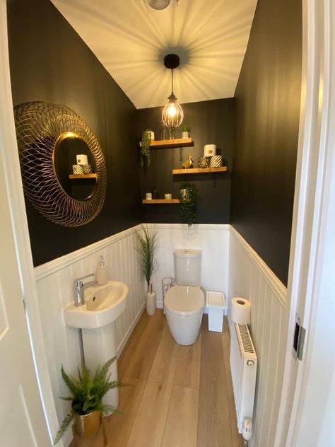 Downstairs Toilet Ideas Black, Tiny Downstairs Toilet Ideas, Tiny Black Bathroom, Black Wc Toilets, Tiny Wc Ideas Downstairs Loo, Little Toilet Ideas, Black Downstairs Toilet, Bathroom Ideas Mediterranean, Dark Downstairs Toilet