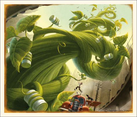 Jack and the Baked Beanstalk by Colin Stimpson. German Expressionism, Jack And The Beanstalk, Book Illustration Art, Cartoon Background, Landscape Illustration, Animation Background, Visual Development, Environment Concept Art, Fantasy Illustration