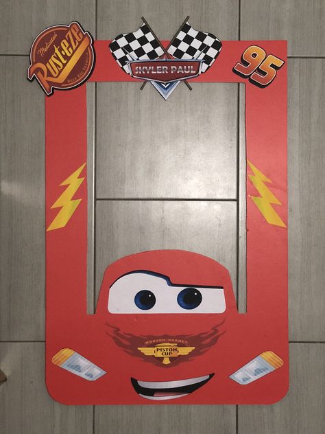 Cars Themed Photo Frame Cars Photo Booth Frame, Lightning Mcqueen Photo Booth, Two Fast Two Furious, First Birthday Activities, Cardboard Car, Life Is A Highway, Cars Birthday Party, Wrapping Inspiration, Cars Theme Birthday Party