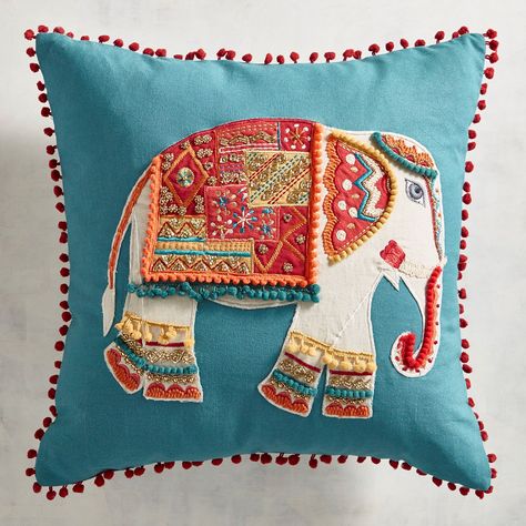 Desert Elephant Pillow With Poms Beaded Pillow, Elephant Pillow, Pillows Decorative Diy, Cushion Embroidery, Hot Chocolate Recipe, Pillow Embroidery, Applique Work, Pillow Crafts, Pillows Decorative