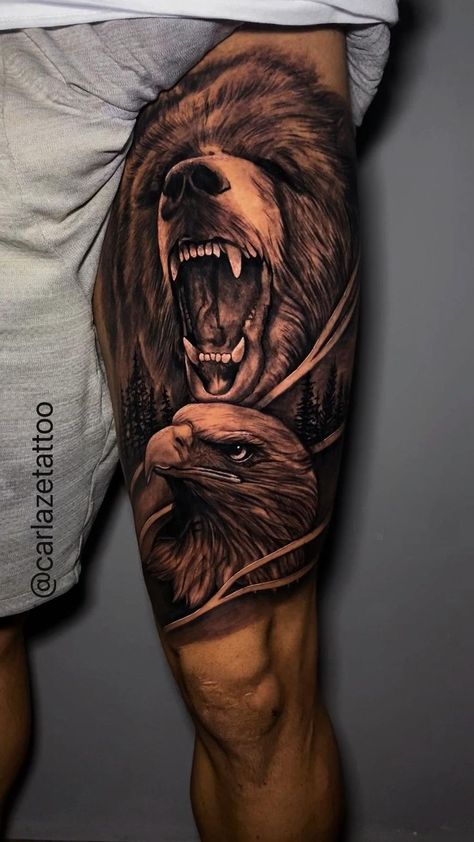 Animal Thigh Tattoo, Tattoo Pierna Hombre, Lion Leg Tattoo, Upper Leg Tattoos, Thigh Tattoo Men, Animal Tattoos For Men, Bear Tattoo Designs, Animal Sleeve Tattoo, Nature Tattoo Sleeve