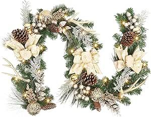 Elegant Champagne Gold Theme Christmas Garland: This realistic artificial pine garland is emblished with gold-plated ball ornaments, pine cones, berries, ribbon bows, and antlers. Creative design and perfect color schemes create elegant luxurious touch, bring glamour to your Christmas home decor.