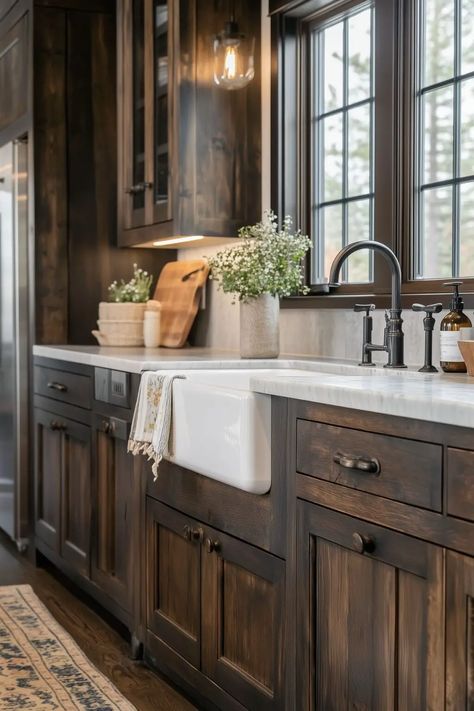 Kitchens With Dark Brown Cabinets - Kitchen Informant Kitchen With Dark Brown Cabinets, Cabnits Kitchen, Kitchen Cabinet Color Schemes, Blue Gray Kitchen Cabinets, Dark Oak Cabinets, Distressed Kitchen Cabinets, Walnut Kitchen Cabinets, Dark Wood Kitchen Cabinets, Dark Brown Cabinets