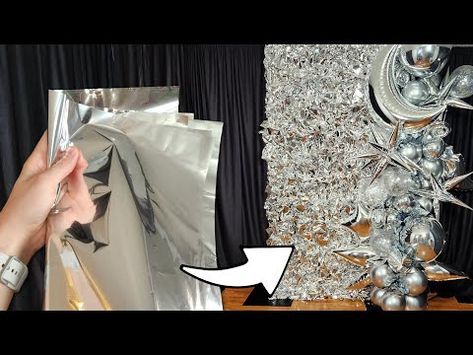 Easy Metallic Backdrop from Gift Wrap - YouTube Metallic Backdrop, Silver Backdrop, Gift Packing Ideas, Prom Backdrops, Diy Foil, Shimmer Wall Backdrop, Silver Party Decorations, Ideas New Year, Deco Ballon