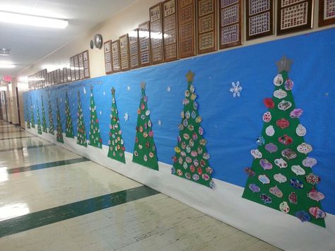 Our school hall..each class (N thru 8) has a tree & each child decorated their own ornament Lunchroom Christmas Decorations, Christmas Hallways School, Decorating School Halls For Christmas, School Hallway Christmas Decorations Elementary, School Christmas Concert Decorations, Decorate School Hallways For Christmas, Christmas Program Decorations School, Holiday School Decorations, Christmas Hall Decorations For School