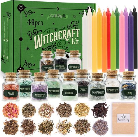 Witchcraft Supplies Kit for Witch Spells – Beginner Witch Starter Kit Crystals Jars Dried Herbs and Colored Candles for Witches Pagan Altar Decor - Wiccan Supplies and Tools Box Witchy Gifts Beginner Witch Supplies, Witches Crystals, Spell Herbs, Altar Supplies, Moon Room, Witch Kit, Colored Candles, Witch Spells, Beginner Witch