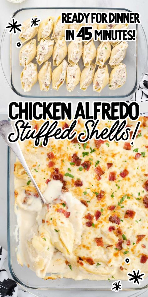 Our chicken alfredo stuffed shells are creamy and cheesy and make a hearty and delicious meal for a busy night. Alfredo Stuffed Shells, Chicken Alfredo Stuffed Shells, Savory Dips, Spinach Cheese, Fast Dinner Recipes, Beef Enchiladas, Pasta Dinner Recipes, Spinach Dip, Health Dinner Recipes