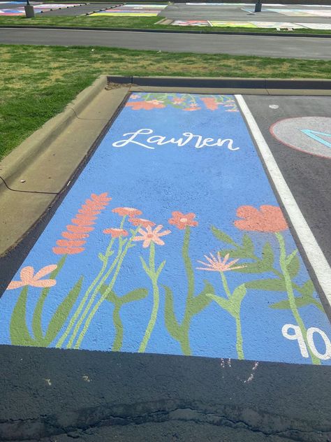 Senior Brick Ideas Painting, School Brick Painting Ideas, Strawberry Parking Spot, Cute Easy Senior Parking Spots, Theatre Parking Spot, Group Parking Spot Ideas, Senior Parking Space Ideas Butterfly, Unique Parking Spot Ideas, Parking Spaces Painting