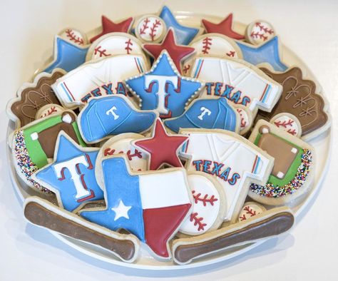 Texas Rangers | Cookie Connection Texas Ranger Cookies, Texas Rangers Cookies Decorated, Texas Rangers Cookies, Texas Rangers Birthday Party, Tailgating Trailers, Gameday Food, Ranger Cookies, Lil Nugget, Walker Texas Ranger