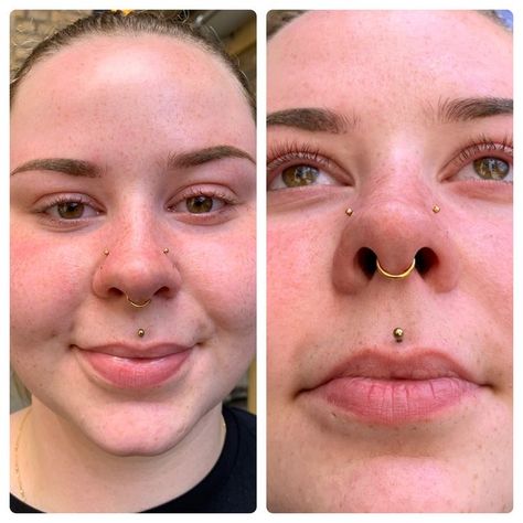 Both Nostrils Pierced With Septum, Medusa Piercings, High Nostril Piercing, Piercings Chart, Piercing Face, Double Nose Ring, Philtrum Piercing, Minimal Face, Ear Piercings Chart