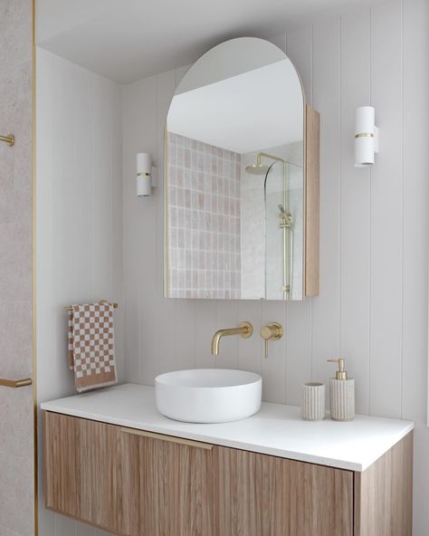 I love how @neateprojects used our brushed brass in this project that @life.instill captured 📸 !!! This is a true modern coastal home. The mix of the VJ panels, timber vanity and brass brings the whole look together. Bathrooms With Vj Panelling, Vj Panel In Bathroom, Vj Panelling Bathroom With Tiles, Vj Panel Bathroom Vanity, Floating Timber Vanity, Timber Vanity, Modern Coastal Home, Cabinetry Hardware, Coastal Bathrooms