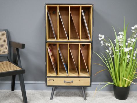 Our record storage cabinet is great for holding a collection of vinyls or can be... Vinyl Record Cabinet, Record Storage Cabinet, Retro Cabinet, Industrial Cabinet, Record Cabinet, Freestanding Storage, Vinyl Record Storage, Retro Industrial, Vinyl Storage