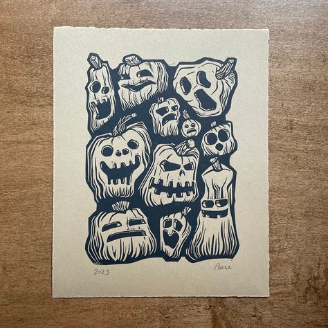 Handmade and printed Pumpkins Linocut Print Image measures 8x10 Printed on 250gsm/90lb Brown Legion Stonehenge Paper Signed and dated, open edition print Lino Stamp Ideas, Goth Activities, Halloween Linocut Prints, Fall Linocut, Block Print Ideas, Fall Lino Print, Pumpkin Linocut, Halloween Block Print, Ghost Linocut