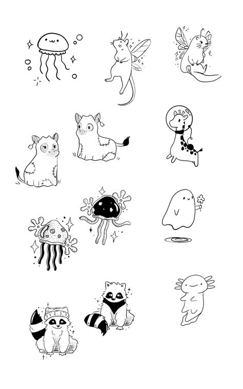 Anime Doodle Tattoo, Mini Animals Drawing, Cute Small Tattoos Best Friends, Small Tattoo Ideas Animals, Cute Tattoos Animals, Cute Flash Tattoo Designs, Dog Doodle Tattoo, Cute Small Animal Tattoos, Mini Animal Tattoos