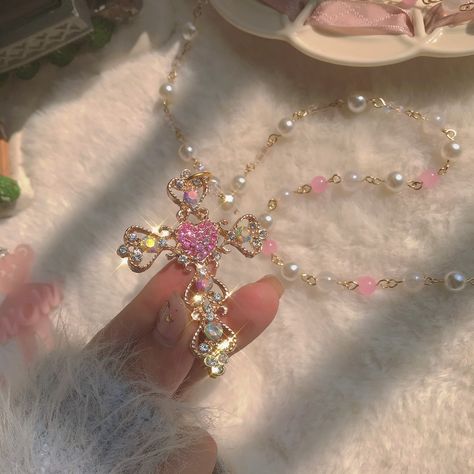 Pink Cross Jewelry, Pink Cross Necklace, Pearl Cross Necklace, Pink Zircon, Pink Cross, Romanticizing Life, Magical Jewelry, Jewelry Accessories Ideas, Dope Jewelry