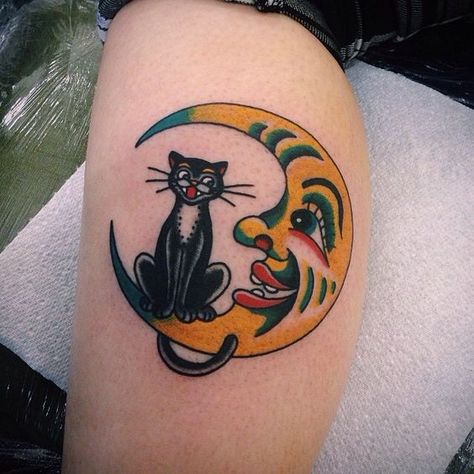 Cat And Moon Tattoo, Geometric Cat Tattoo, Cat Eye Tattoos, Cat Outline Tattoo, Cat Portrait Tattoos, Traditional Tattoo Inspiration, Cute Cat Tattoo, Cat And Moon, Vintage Tattoo Design