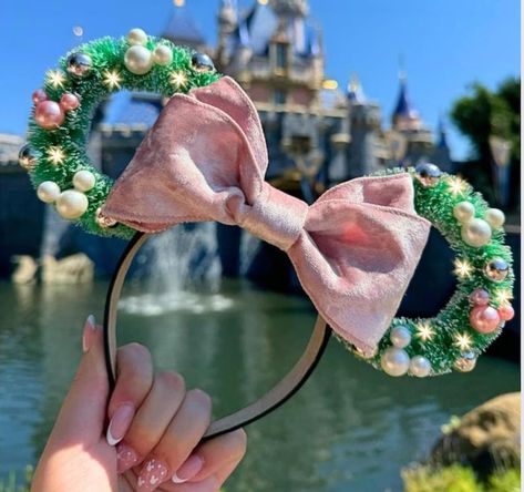 Christmas Minnie Ears Wreath Mickey Ears Pink Bow Ears Pink Bow Holiday Ears - Etsy Christmas Ears Disney, Mickey Ears Ideas, Christmas Minnie Ears, Gretchen Core, Cute Disney Ears, Flocked Wreaths, Christmas Disney Ears, Birthday Mickey Ears, Wire Mickey Ears