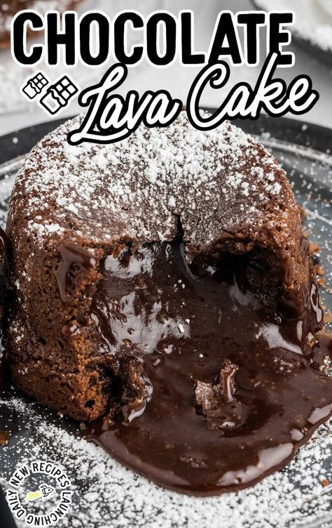 close up shot of a plate of Chocolate Lava Cake sprinkled with powdered sugar Peanut Butter Lava Cake, Molten Lava Cakes Recipe, Chocolate Lava Cakes, Molten Lava Cake, Chocolate Lava Cake Recipe, Molten Chocolate Lava Cake, Lava Cake Recipes, Bakers Chocolate, Molten Lava Cakes