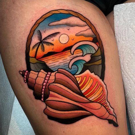 Fun conch shell/ beach landscape for Lauren. Thanks so much! @stayhumbletattooco  #tattoo #tattoos Traditional Sealife Tattoo, Traditional Conch Shell Tattoo, Beach Landscape Tattoo, Landscape Tattoo Design, Conch Tattoo, Conch Shell Tattoo, Stay Humble Tattoo, Tropical Tattoos, Humble Tattoo