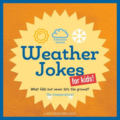 Funny jokes about the weather for kids. Rain Jokes, Weather Puns, Weather Jokes, Winter Jokes, Funny Weather, Kids Notes, Funny Jokes For Kids, School Jokes, Kids Rain