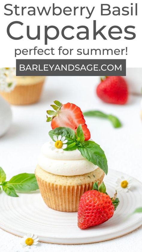 These strawberry basil cupcakes have a light, basil infused cupcake base filled with homemade strawberry basil compote, then topped with lemon mascarpone frosting! They have a light, floral, and fruity flavor for the perfect summery cupcake! Basil Cake, Lemon Mascarpone, Infused Cupcakes, Boozy Cupcakes, Mascarpone Frosting, Strawberry Basil, Fancy Cupcakes, Creative Cupcakes, Flavored Sugar