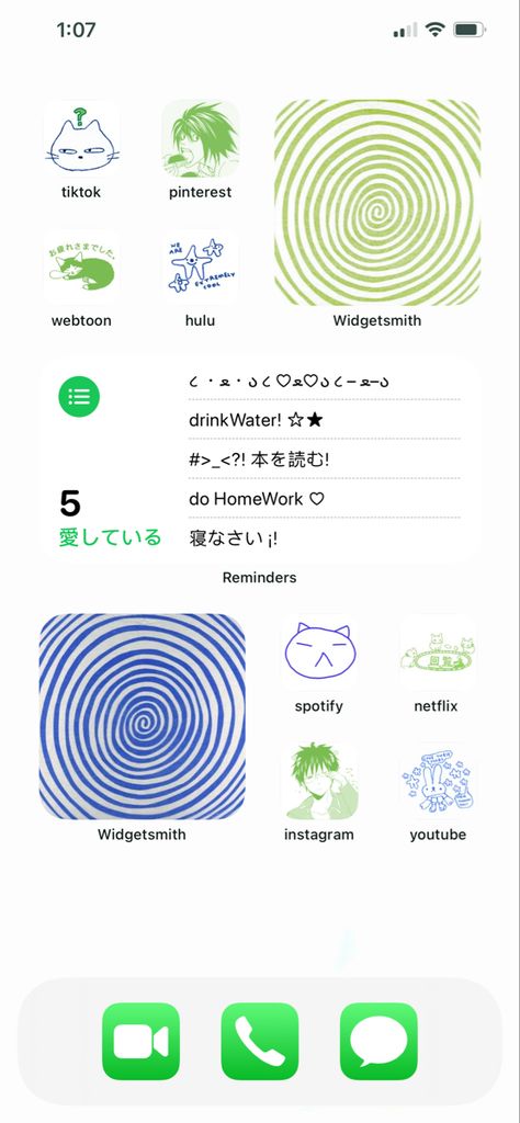 blue green ios homescreen apps ios 14 aesthetic anime japan japanese Green And Blue Homescreen, Japanese Homescreen Layout, Japanese Homescreen, Green Ios Homescreen, Green Ios, Lockscreen Ios, Iphone Ideas, Ios Homescreen, Screen Layout