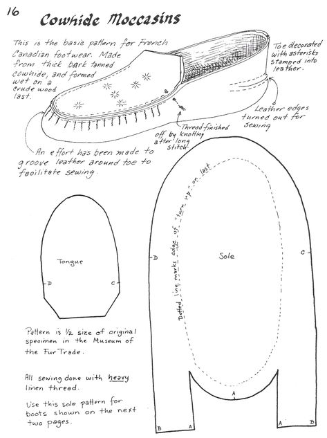 Years ago, when I was involved in the Great Lakes Fur trade I became very fond of  my heavy cowhide moccasins.  This type of moccasin was made in Montreal for use by the voyageurs.   The cordonnier… Moccasin Boot Pattern, Leather Moccasins Pattern, Moccasin Patterns, Diy Moccasins, Native American Moccasins, Hantverk Diy, Moccasin Pattern, Beaded Moccasins, Diy Slippers