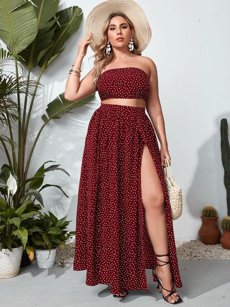 SHEIN Plus Polka Dot Zipper Back Crop Tube Top & Split Thigh Skirt Set for Sale Australia| New Collection Online| SHEIN Australia Bandeau Top Outfits, Crop Top Plus Size, Thigh Skirt, Crop Tube Top, Crop Top Dress, Polka Dot Skirt, Dot Skirt, Co Ords, Cropped Tube Top