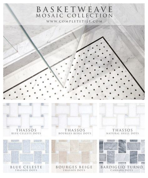 Basketweave Tile Bathroom, Basketweave Tile, Marble Shower Tile, Basket Weave Tile, Types Of Granite, Shower Floors, Geometric Mosaic, Marble Showers, Primary Bathroom