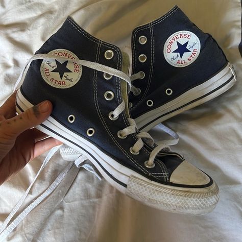 Size 7 aus converse navy blue Blue Converse High Tops, Navy Blue Converse, Punk Shoes, Blue Converse, No Tears, Converse High, Converse High Tops, Chuck Taylor Sneakers, Converse High Top Sneaker