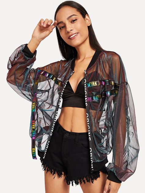 Letter Print Mesh Panel Jacket -SheIn(Sheinside) Idol Life, Mesh Outfit, Moodboard Fashion, Organza Jacket, Panel Jacket, Výtvarné Reference, Mesh Jacket, Boujee Outfits, Digital Fashion