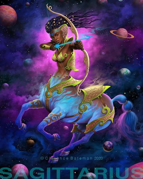 African Heritage City on Instagram: “@clarencebatemanart ・・・ Sagittarius Zodiac. #afrodisney #bonboncanvas #nubiamancy #ghanaian_artists #drawingwhileblack #blackqueenheaven…” Zodiac Sagittarius Art, Female Centaur, Black Gods, Zodiac Wallpaper, Egyptian Goddess Art, Sagittarius Art, Zodiac Signs Pictures, African Goddess, Sagittarius Sign